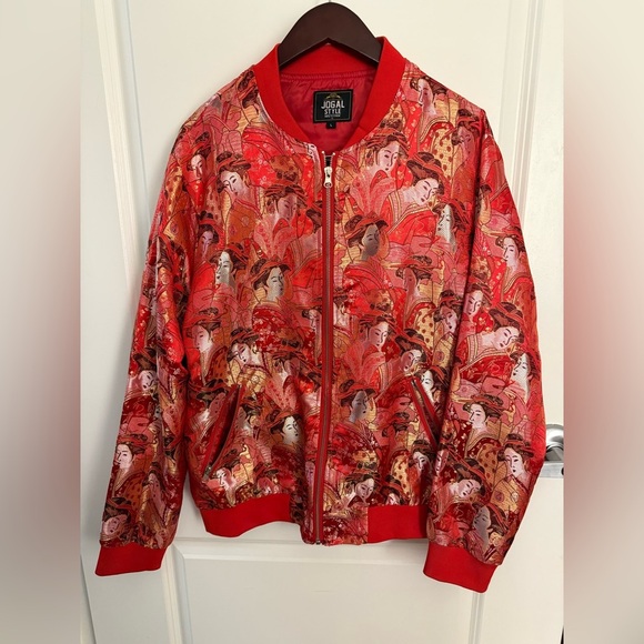 Jogal Style Jacket Mens Large Red Embroidered Satin Bomber Chinese New Year Y2K - Picture 1 of 5